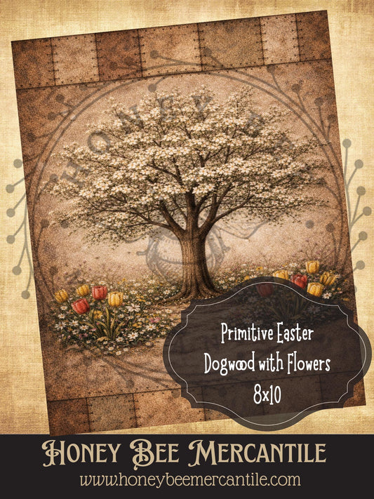 8"x10" RICE PAPER PRINT Rustic Spring Easter Dogwood Tree and Wildflowers, Print, Decoupage, Folk-art