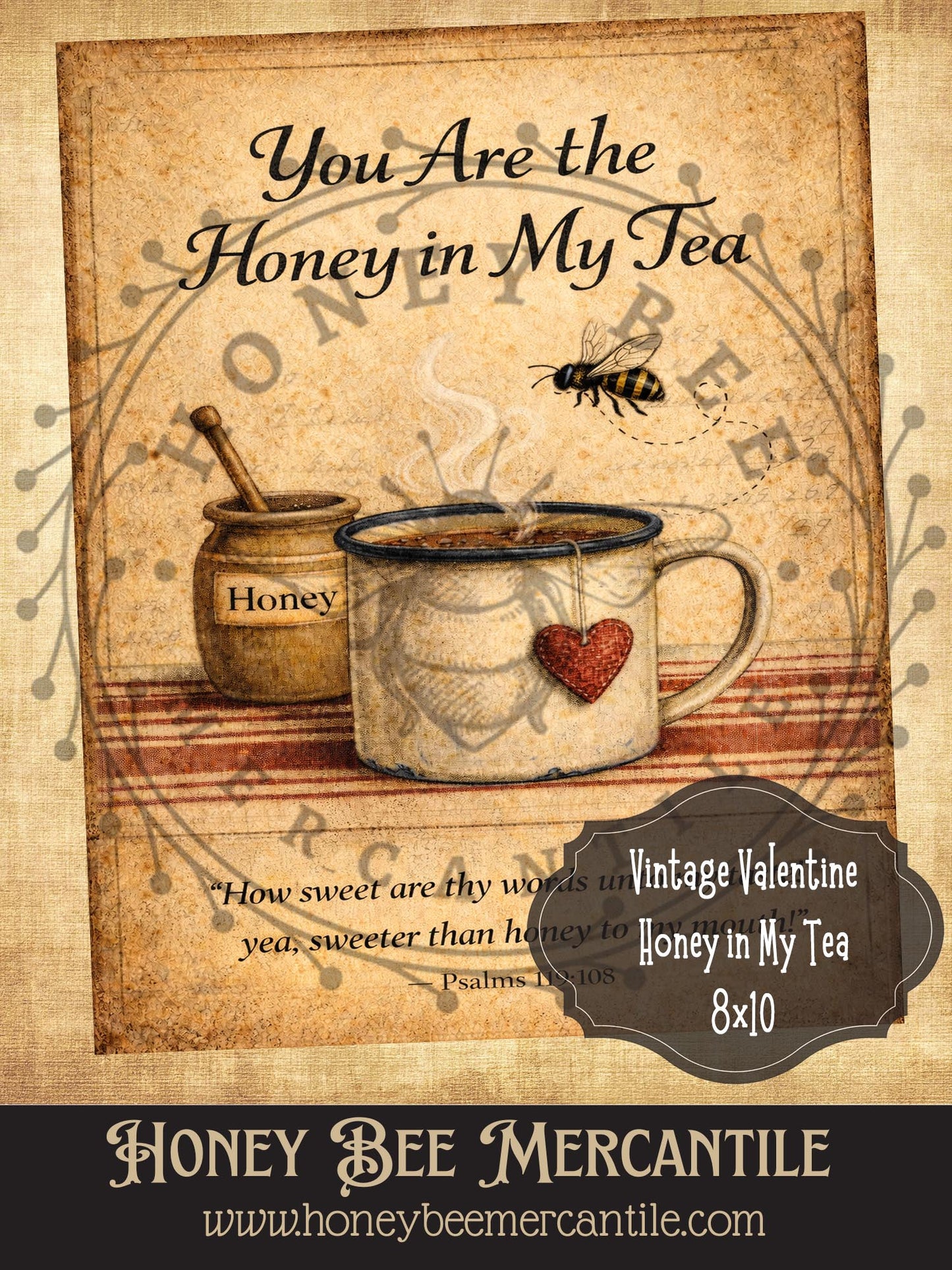 8"x10" RICE PAPER PRINT 8x10 Vintage Valentine Honey In My Tea Print, Craft Supplies, Decoupage, Folk-art