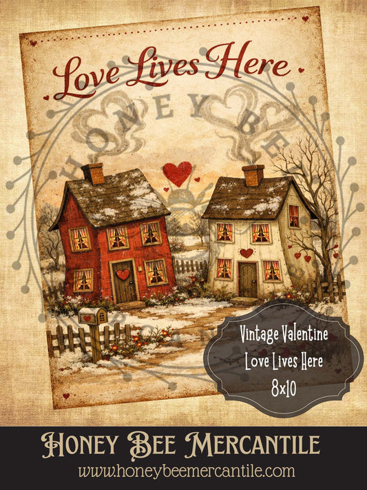 8x10 Vintage Valentine Love Lives Here Print, Digital Download, Printable, Decoupage, Primitive, Craft Supplies, Vintage, Rustic, Valentine