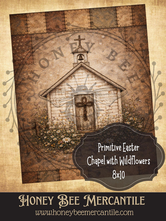 8"x10" RICE PAPER PRINT Rustic Spring Easter Chapel and Flowers, Print, Decoupage, Folk-art