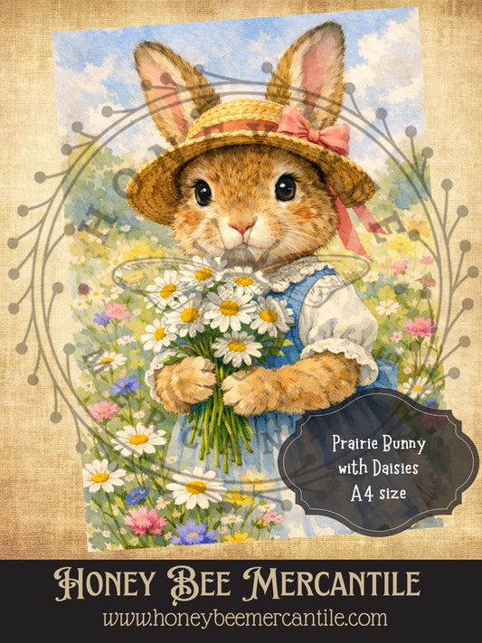 RICE PAPER PRINT - Prairie Bunny with Daises, Easter, Spring, Vintage, A4 size