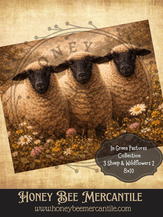 RICE PAPER PRINT - In Green Pastures Collection, 3 Sheep in Pasture, Wildflowers, 8x10, Decoupage, Vintage, Primitive, Craft Supplies