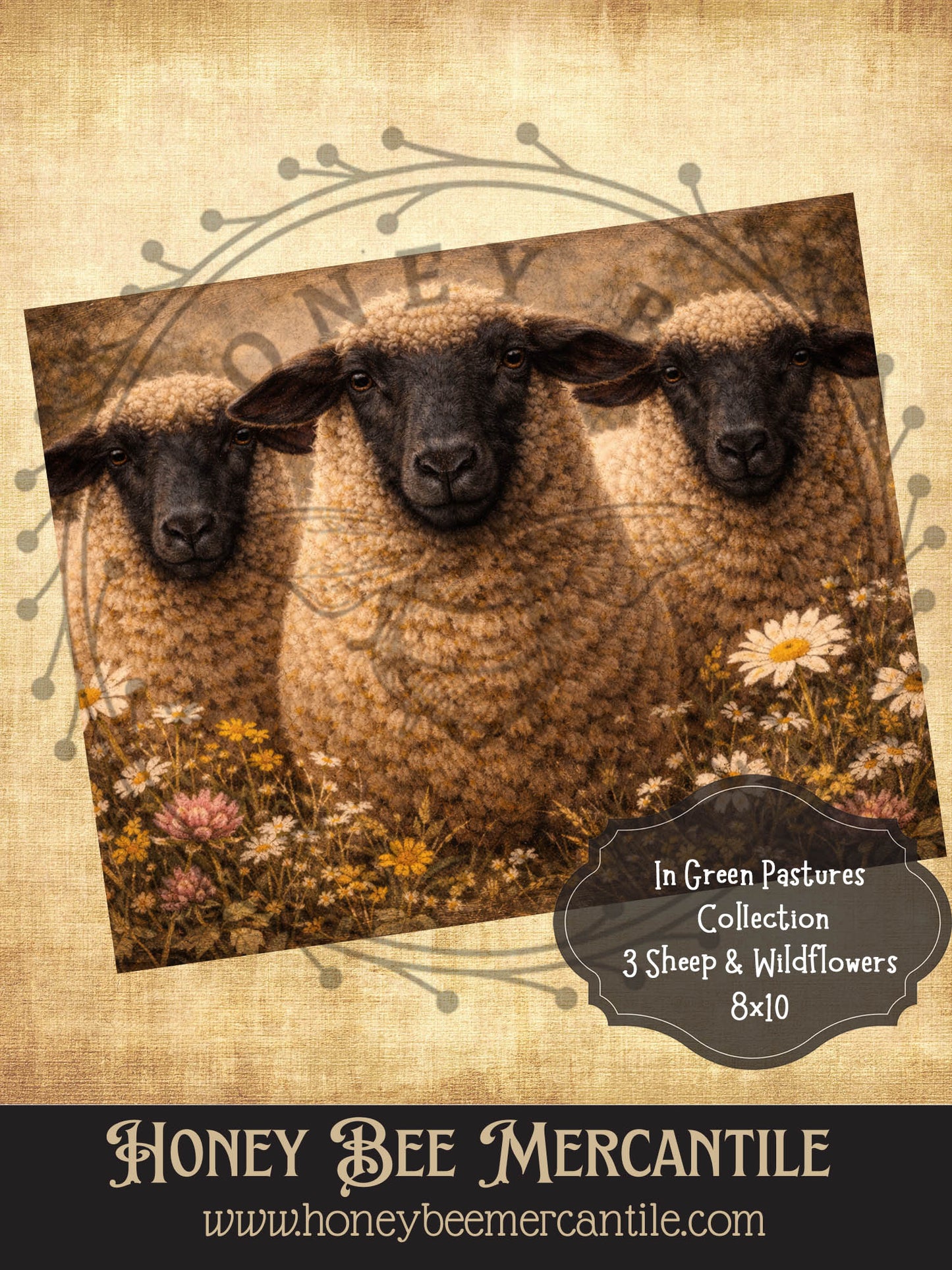 RICE PAPER PRINT - In Green Pastures Collection, 3 Sheep in Pasture, Close Up, Wildflowers, 8x10, Decoupage, Vintage, Primitive, Craft Supplies