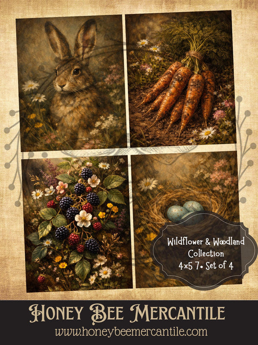 RICE PAPER PRINT - Wildflower & Woodland Collection, Rabbit, Carrots, Blackberries, Nest, Set of 4, 4x5, Decoupage, Vintage, Primitive, Craft Supplies