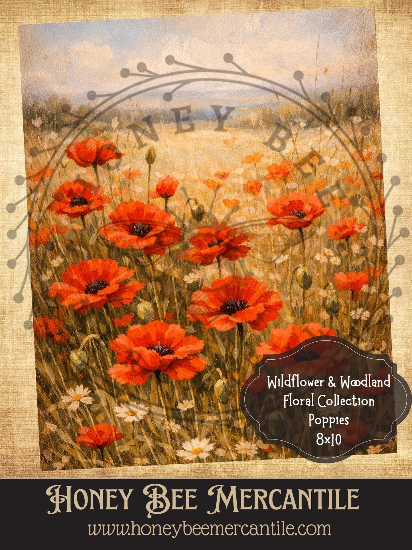RICE PAPER PRINT - Wildflower and Woodland Collection, Poppies, 8x10, Decoupage, Vintage, Primitive, Craft Supplies