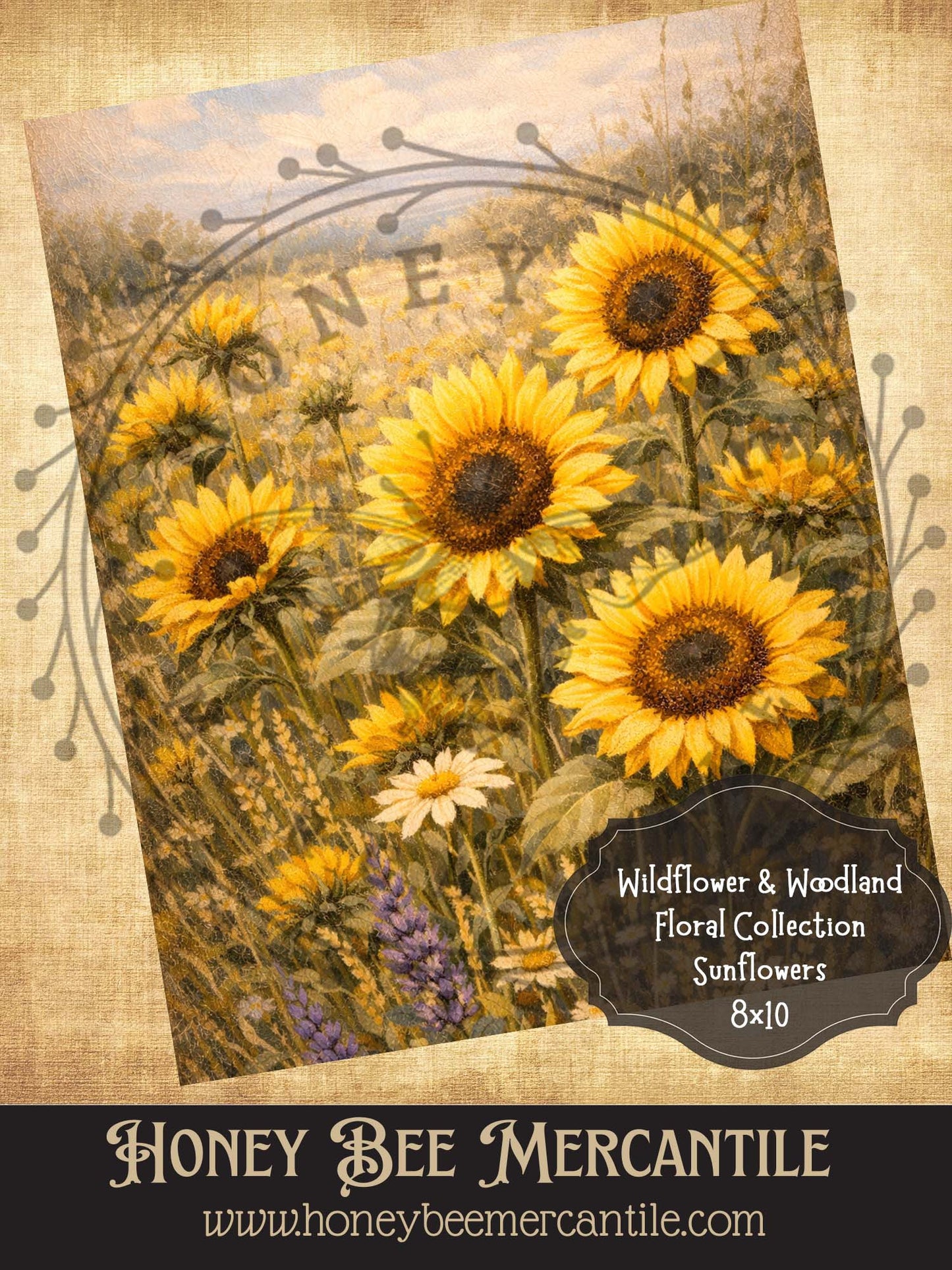 RICE PAPER PRINT - Wildflower and Woodland Collection, Sunflowers, 8x10, Decoupage, Vintage, Primitive, Craft Supplies