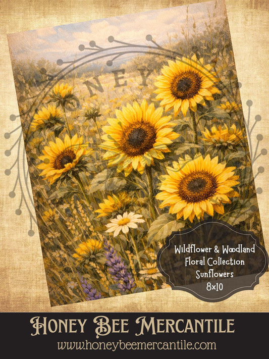 RICE PAPER PRINT - Wildflower and Woodland Collection, Sunflowers, 8x10, Decoupage, Vintage, Primitive, Craft Supplies
