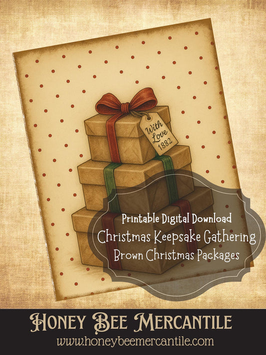 The Christmas Keepsake Collection – Vintage Holiday Art Prints - Brown Christmas Packages, Digital Download, Printable, Decoupage, Primitive