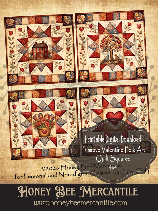 Digital Download, Printable, Valentine Barn Quilt Printable: Primitive Valentine Folk Art 4x4 Quilts