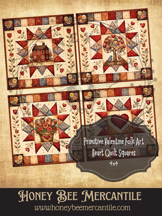 4"x4"  RICE PAPER PRINT Vintage, Primitive Farmhouse, Craft Supplies, Decoupage, Folk-art, Folk Art, Valentine, Hearts, Tree of Hearts, Quilt Squares