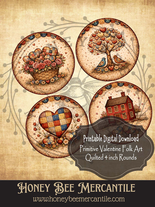 Digital Download, Printable, Valentine Barn Quilt Printable: Primitive Valentine Folk Art 4x4 Round Ornaments, Magnets