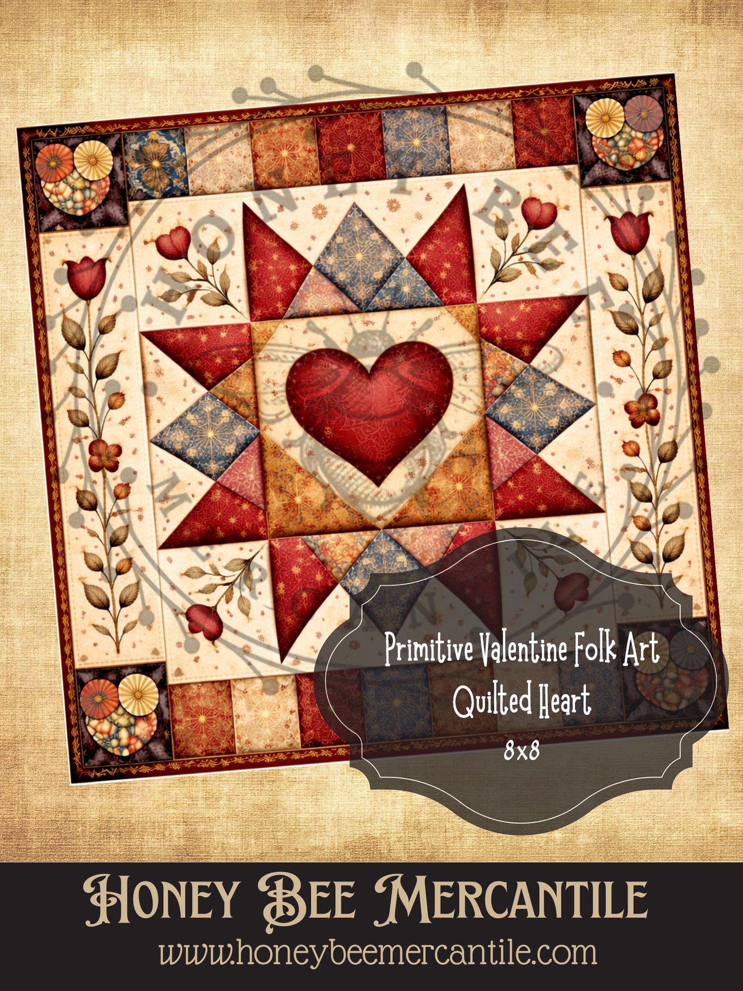 8"x8"  RICE PAPER PRINT Vintage, Primitive Farmhouse, Craft Supplies, Decoupage, Folk-art, Folk Art, Valentine, Hearts, Quilt Square