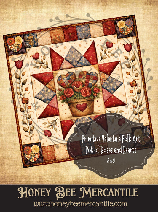 8"x8"  RICE PAPER PRINT Vintage, Primitive Farmhouse, Craft Supplies, Decoupage, Folk-art, Folk Art, Valentine, Hearts, Pot of Roses, Quilt Square