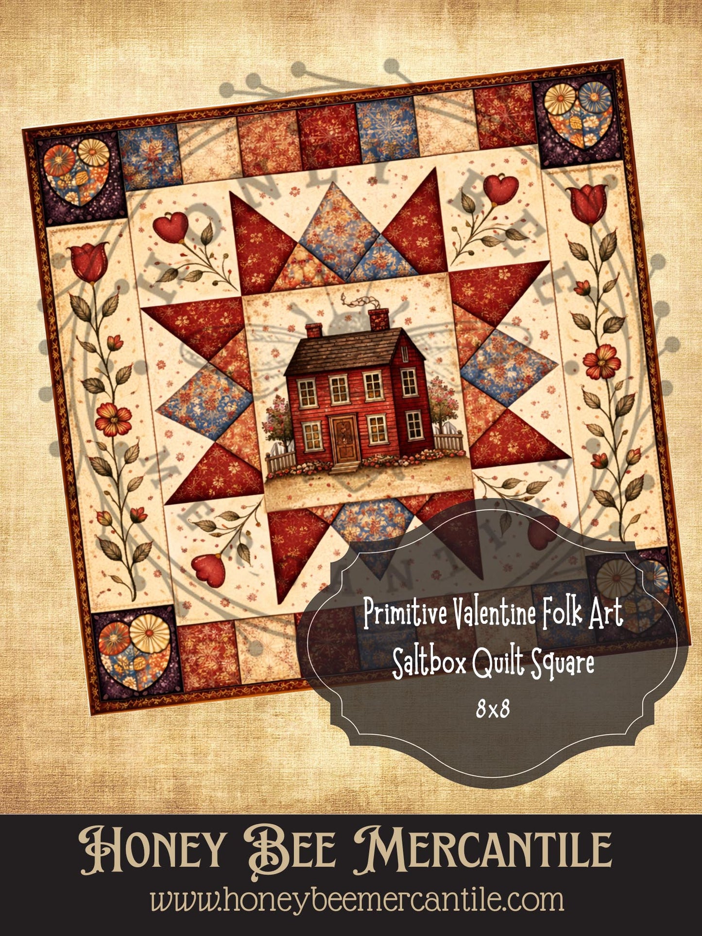 8"x8"  RICE PAPER PRINT Vintage, Primitive Farmhouse, Craft Supplies, Decoupage, Folk-art, Folk Art, Valentine, Hearts, Saltbox House, Quilt Square