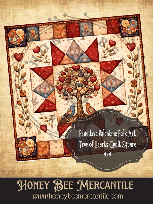 8"x8"  RICE PAPER PRINT Vintage, Primitive Farmhouse, Craft Supplies, Decoupage, Folk-art, Folk Art, Valentine, Hearts, Tree of Hearts, Quilt Square