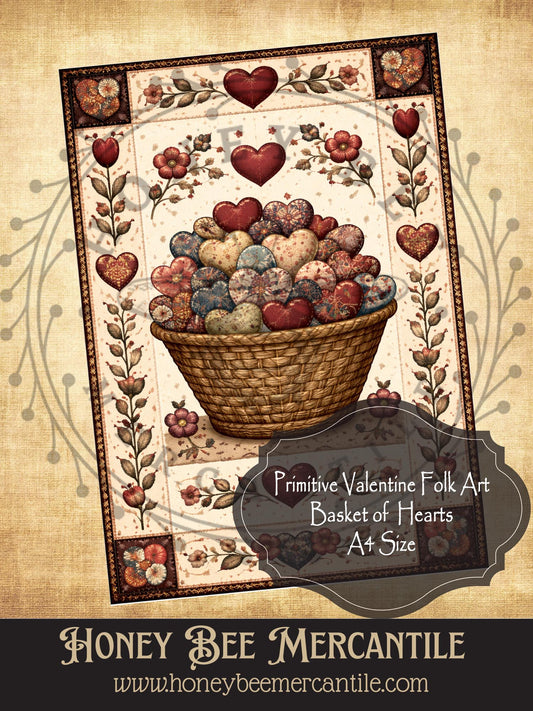 A4 RICE PAPER PRINT Vintage, Primitive Farmhouse, Craft Supplies, Decoupage, Folk-art, Folk Art, Valentine, Basket of Hearts