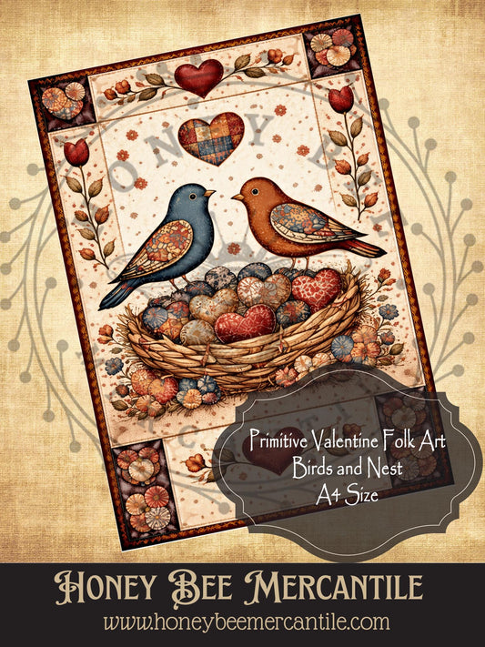 DIGITAL DOWNLOAD Vintage, Primitive Farmhouse, Craft Supplies, Decoupage, Folk-art, Folk Art, Valentine,  Birds, Nest