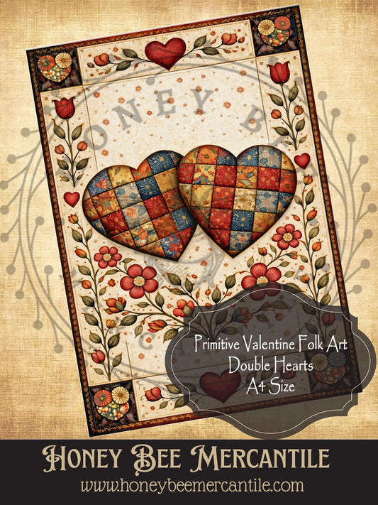 A4 RICE PAPER PRINT Vintage, Primitive Farmhouse, Craft Supplies, Decoupage, Folk-art, Folk Art, Valentine, Double Hearts,