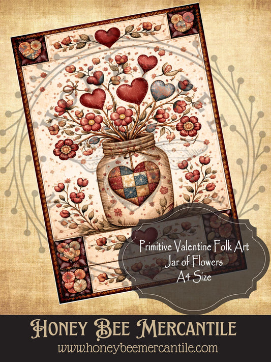 A4 RICE PAPER PRINT Vintage, Primitive Farmhouse, Craft Supplies, Decoupage, Folk-art, Folk Art, Valentine, Jar of Flowers