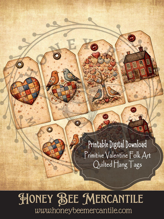 Digital Download, Printable, Valentine Barn Quilt Printable: Primitive Valentine Folk Art Heart Patchwork Hang Tags