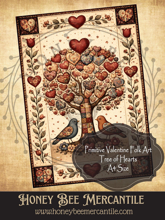 A4 RICE PAPER PRINT Vintage, Primitive Farmhouse, Craft Supplies, Decoupage, Folk-art, Folk Art, Valentine, Tree of Hearts, Birds