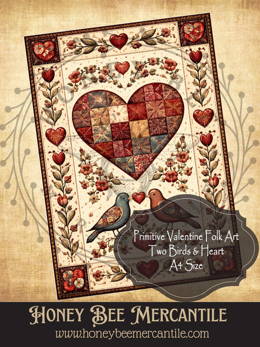 A4 RICE PAPER PRINT Vintage, Primitive Farmhouse, Craft Supplies, Decoupage, Folk-art, Folk Art, Valentine, Hearts, Birds