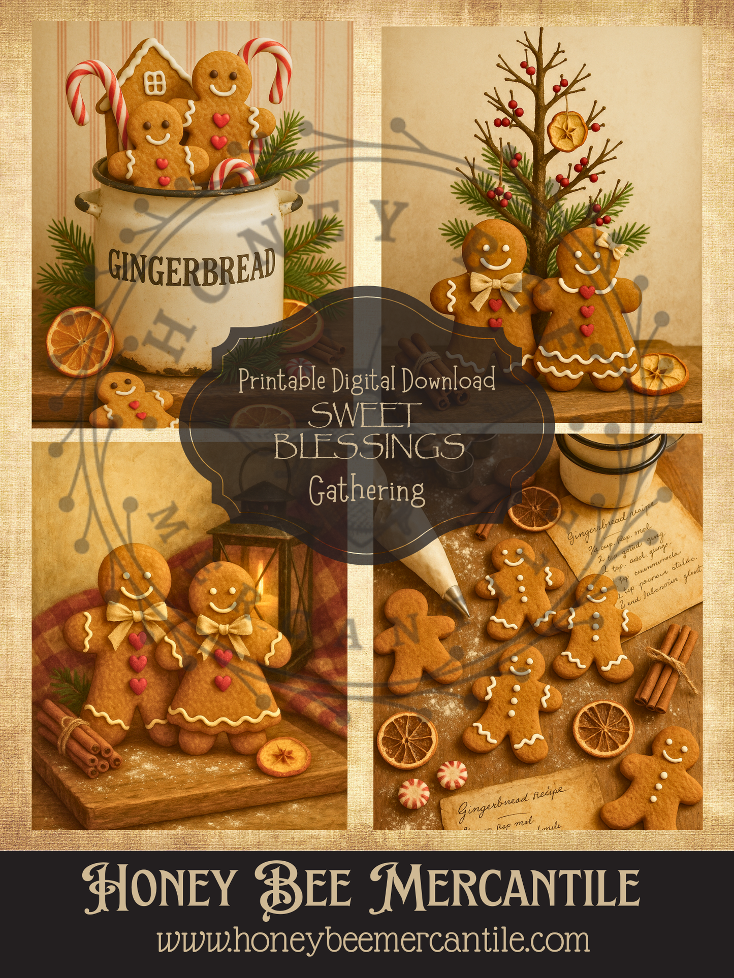 Digital Download, Digital Art, Printable, Decoupage, Primitive, Craft Supplies, Gingerbread, Sweet Blessings 1 Gathering, 4x5, Set/4