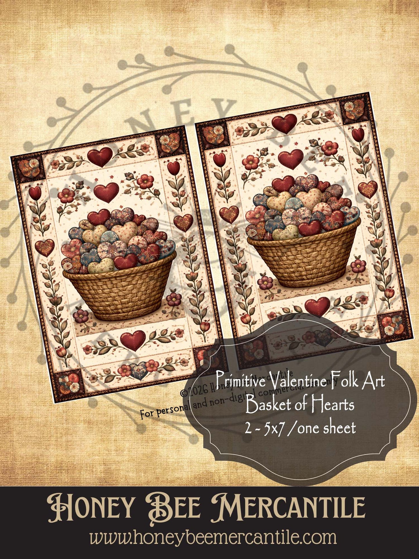 RICE PAPER PRINT - 2-5x7's/One Sheet, Vintage, Primitive, Craft Supplies, Decoupage, Folk-art, Folk Art, Valentine, Basket of Hearts
