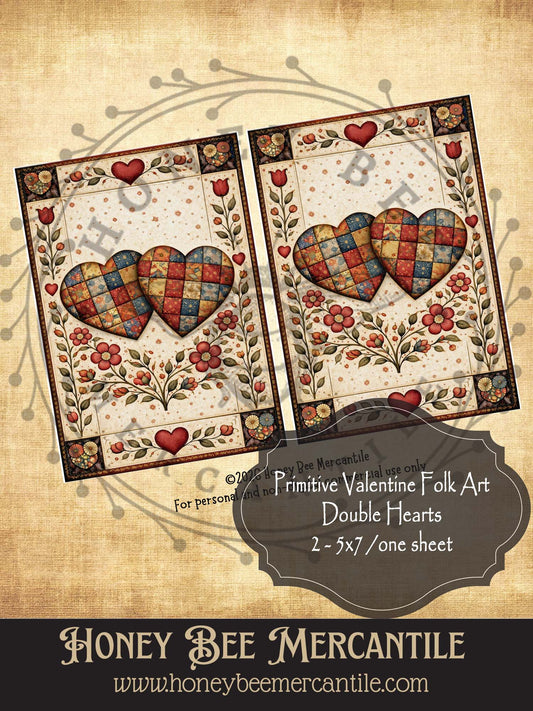 RICE PAPER PRINT - 2-5x7's/One Sheet, Vintage, Primitive, Craft Supplies, Decoupage, Folk-art, Folk Art, Valentine,  Double Hearts