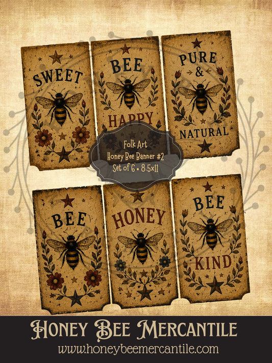 Folk Art Honey Bee Banner, Set of 6, Digital Download, Printable, Decoupage, Vintage, Primitive, Craft Supplies, Set 1