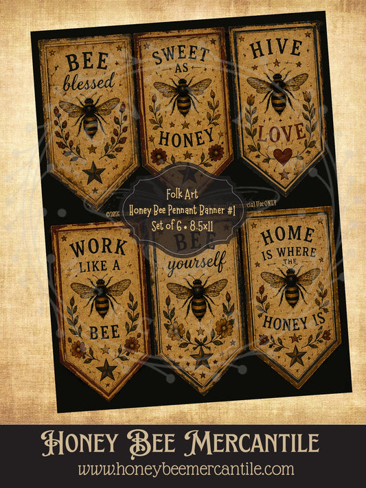 Folk Art Honey Bee Pennant Banner, Set of 6, Digital Download, Printable, Decoupage, Vintage, Primitive, Craft Supplies, Set 2