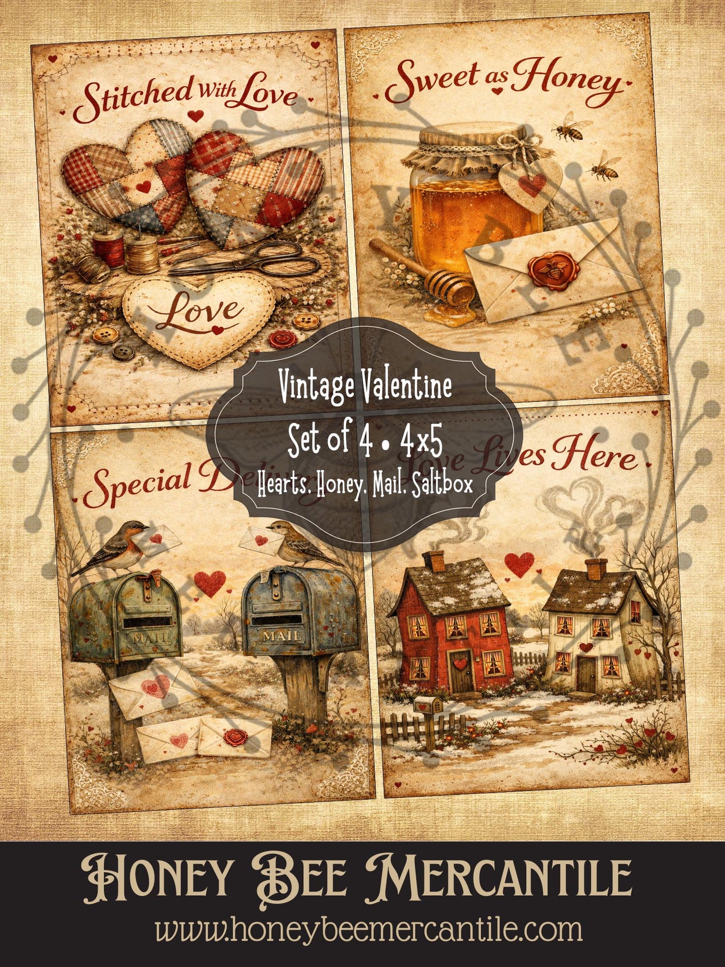 Vintage Valentine Hearts, Honey, Mail, Saltbox, Digital Download, Printable, Decoupage, Primitive, Craft Supplies, Set of 4, 4x5