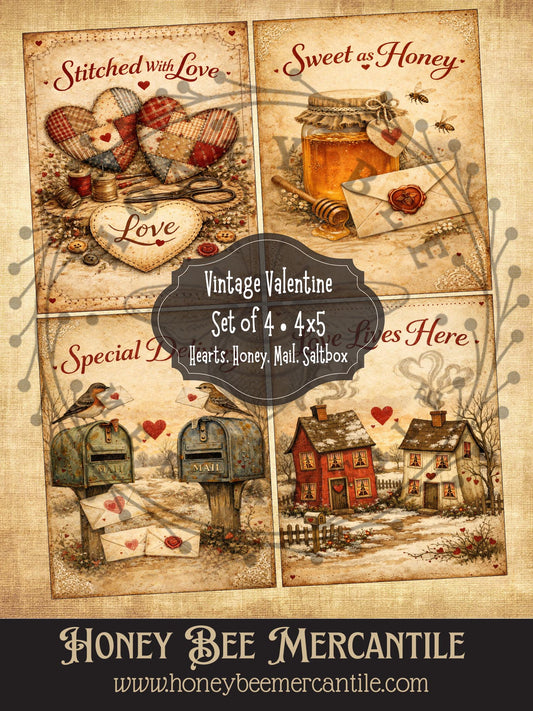 Vintage Valentine Hearts, Honey, Mail, Saltbox, Digital Download, Printable, Decoupage, Primitive, Craft Supplies, Set of 4, 4x5