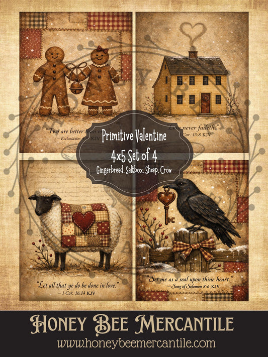 Vintage Valentine Primitive Grunge With Scripture, Digital Download, Printable, Decoupage, Primitive, Craft Supplies, Set of 4, 4x5