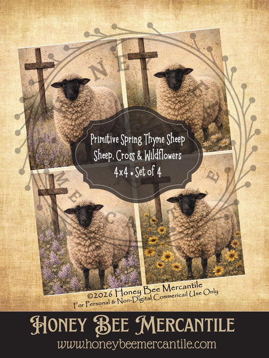 RICE PAPER PRINT Vintage, Sheep, Cross, Wildflowers Craft Supplies, Decoupage, Folk-art, Set of 4, 4x5 inch prints