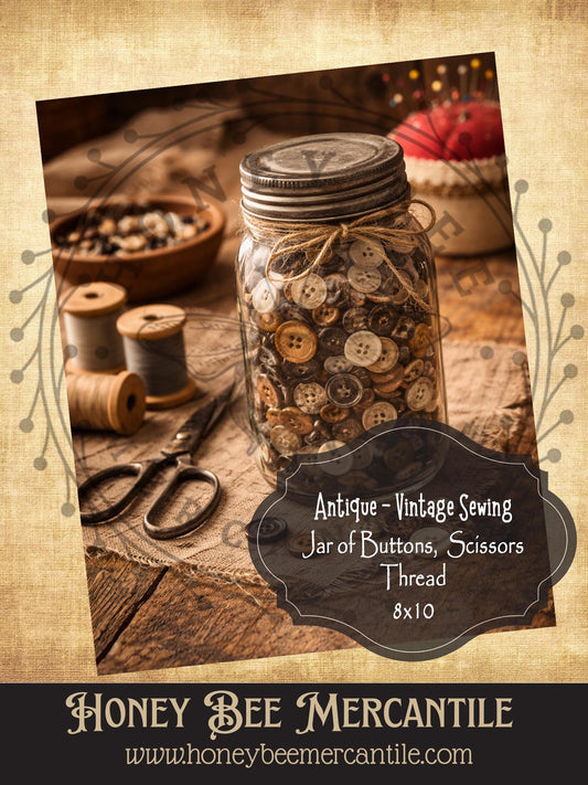 8x10 Antique Vintage Jar of Buttons Print, Digital Download, Printable, Decoupage, Vintage, Primitive, Craft Supplies