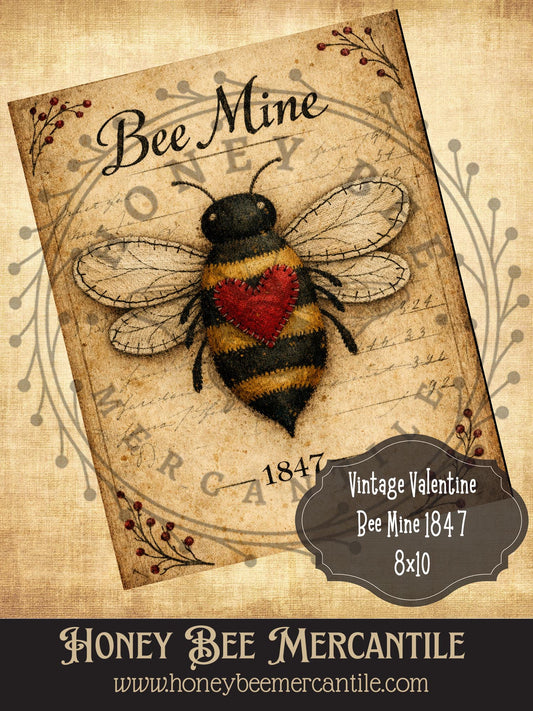 8x10 Vintage Valentine Bee Mine Print, Digital Download, Printable, Decoupage, Primitive, Craft Supplies, Vintage, Rustic, Valentine