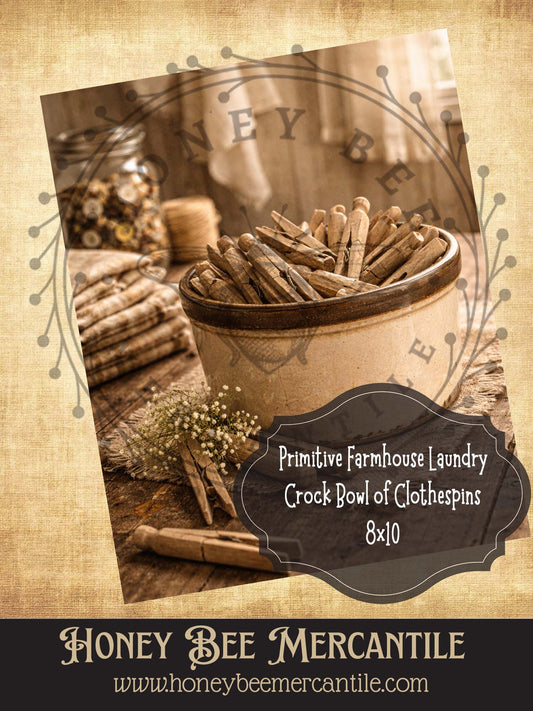 8"x10"  RICE PAPER PRINT Crock Bowl with Clothespins, Vintage, Primitive Farmhouse, Craft Supplies, Decoupage, Folk-art