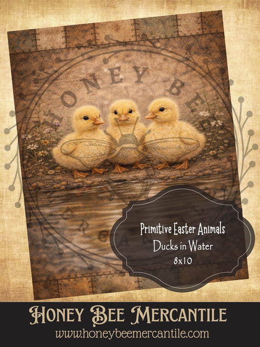 8x10 Vintage Primitive Easter Ducks WIth Water Print, Digital Download, Printable, Decoupage, Primitive, Craft Supplies, Rustic