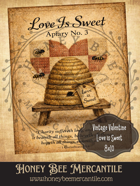 8x10 Vintage Valentine Love Is Sweet Print, Digital Download, Printable, Decoupage, Primitive, Craft Supplies, Vintage, Rustic, Valentine