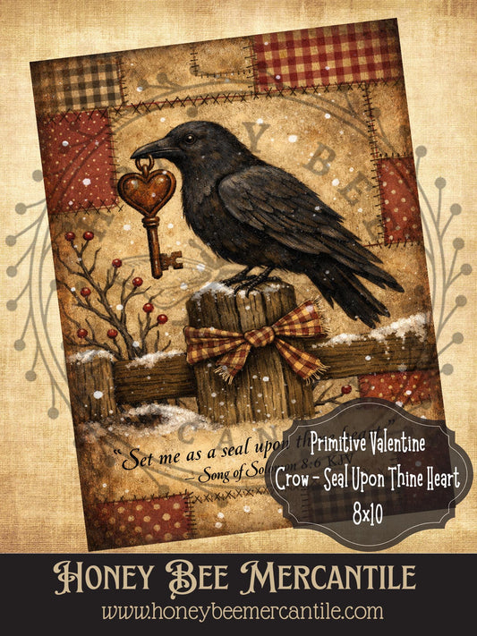 8x10 Vintage Valentine Primitive Crow Print, Digital Download, Printable, Decoupage, Primitive, Craft Supplies, Vintage, Rustic, Valentine