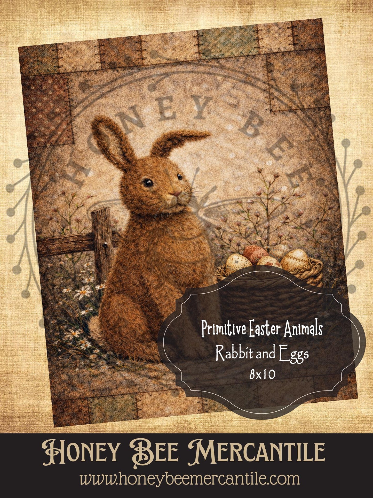 8x10 Vintage Primitive Easter Rabbit with Eggs in Basket Print, Digital Download, Printable, Decoupage, Primitive, Craft Supplies, Rustic