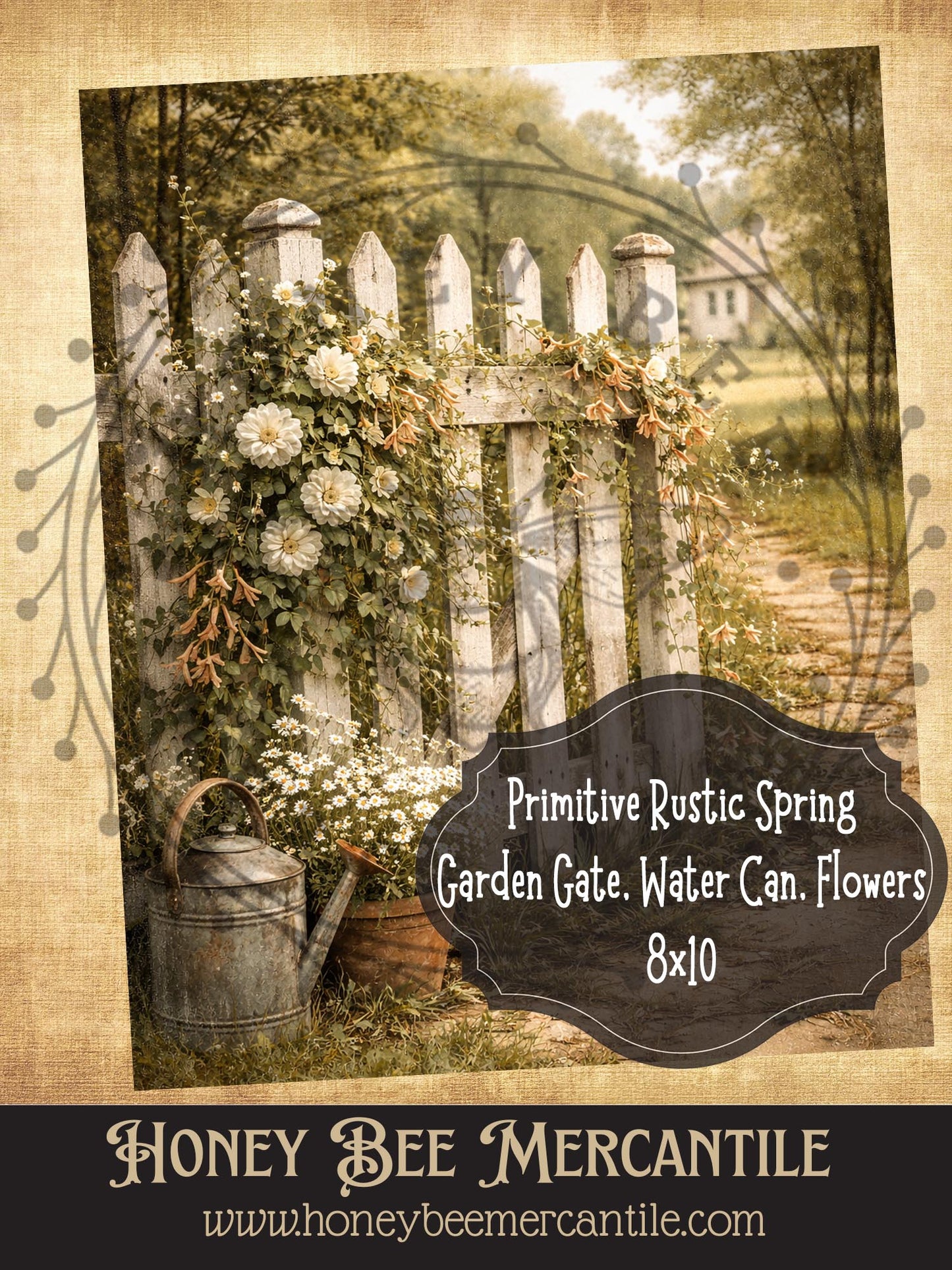 8x10 Rustic Spring Garden Gate and Flowers Print, Digital Download, Printable, Decoupage, Vintage, Primitive, Craft Supplies