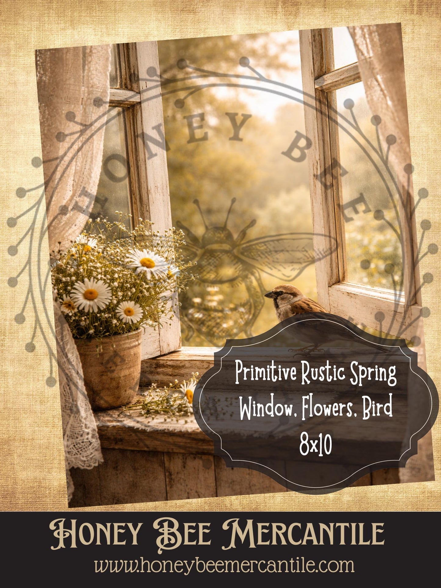 8x10 Rustic Spring Bird in Window With Flowers Print, Digital Download, Printable, Decoupage, Vintage, Primitive, Craft Supplies