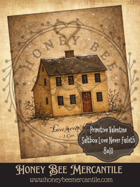 8x10 Vintage Valentine Saltbox Love Never Faileth Print, Digital Download, Printable, Decoupage, Primitive, Craft Supplies, Vintage, Rustic, Valentine