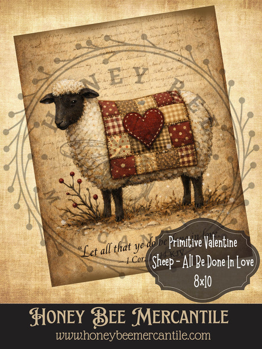 8x10 Vintage Valentine Sheep Let All Be Done In Love Print, Digital Download, Printable, Decoupage, Primitive, Craft Supplies, Vintage, Rustic, Valentine