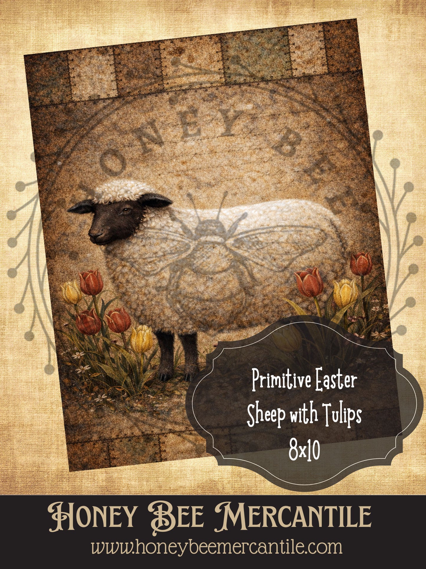 8x10 Vintage Primitive Easter Sheep with Tulips Print, Digital Download, Printable, Decoupage, Primitive, Craft Supplies, Rustic