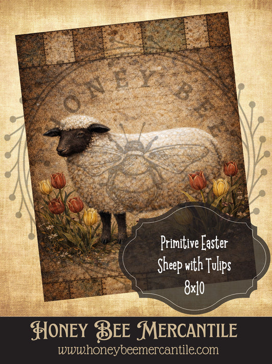 8x10 Vintage Primitive Easter Sheep with Tulips Print, Digital Download, Printable, Decoupage, Primitive, Craft Supplies, Rustic