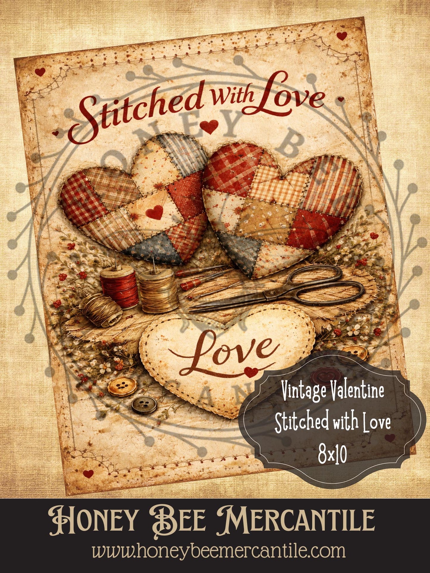 8x10 Vintage Valentine Stitched With Love Print, Digital Download, Printable, Decoupage, Primitive, Craft Supplies, Vintage, Rustic, Valentine
