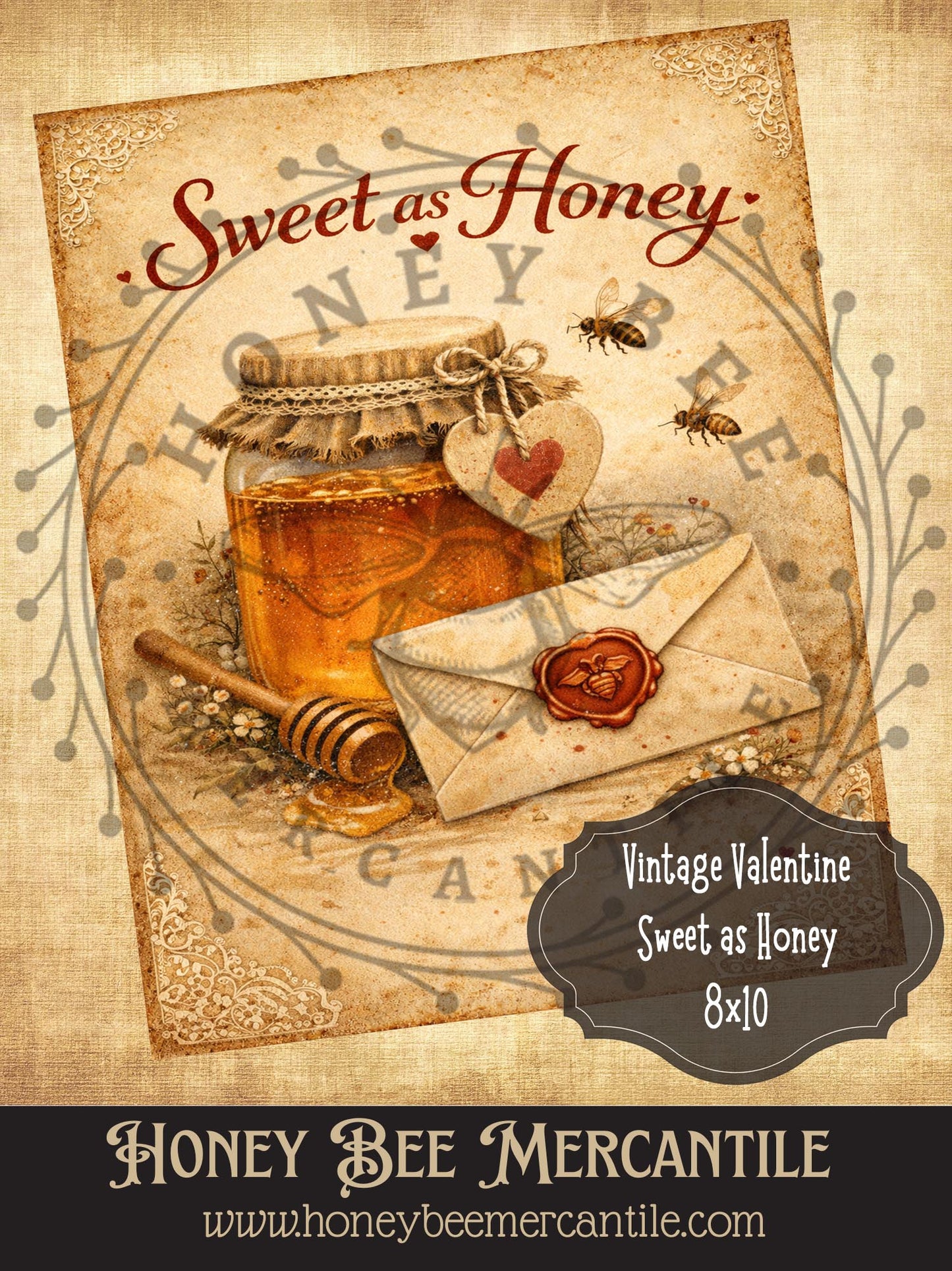 8x10 Vintage Valentine Sweet As Honey Print, Digital Download, Printable, Decoupage, Primitive, Craft Supplies, Vintage, Rustic, Valentine